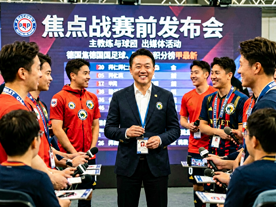 德甲联赛焦点战赛前发布会，主教练与球员出席媒体活动